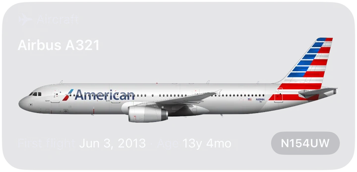 Aircraft: American Airlines Airbus A321, registration N154UW, first flight June 3, 2013, 13 years 4 months old