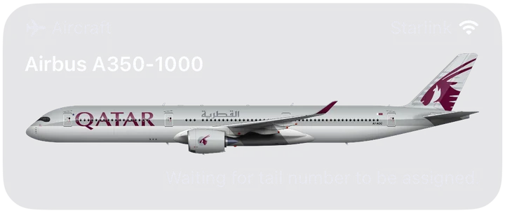 Aircraft card for a Qatar Airways Airbus A350-1000, with Starlink Wi-Fi