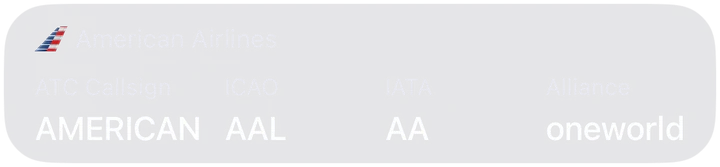 American Airlines: ATC callsign AMERICAN, ICAO AAL, IATA AA, oneworld alliance