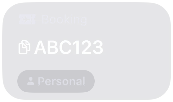 Booking code ABC123, personal trip