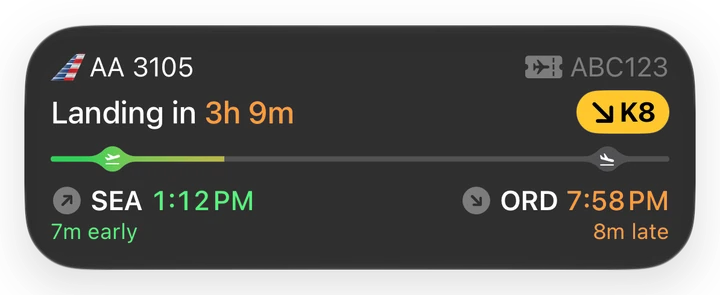 Live Activity for AA 3105 from Seattle to Chicago, landing in 3 hours 9 minutes at gate K8