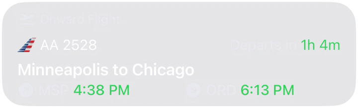 Onward flight AA 2528 from Minneapolis to Chicago, departing in 1 hour 4 minutes