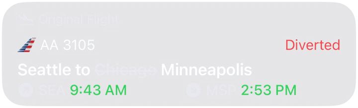 Original flight AA 3105 from Seattle to Chicago, diverted to Minneapolis