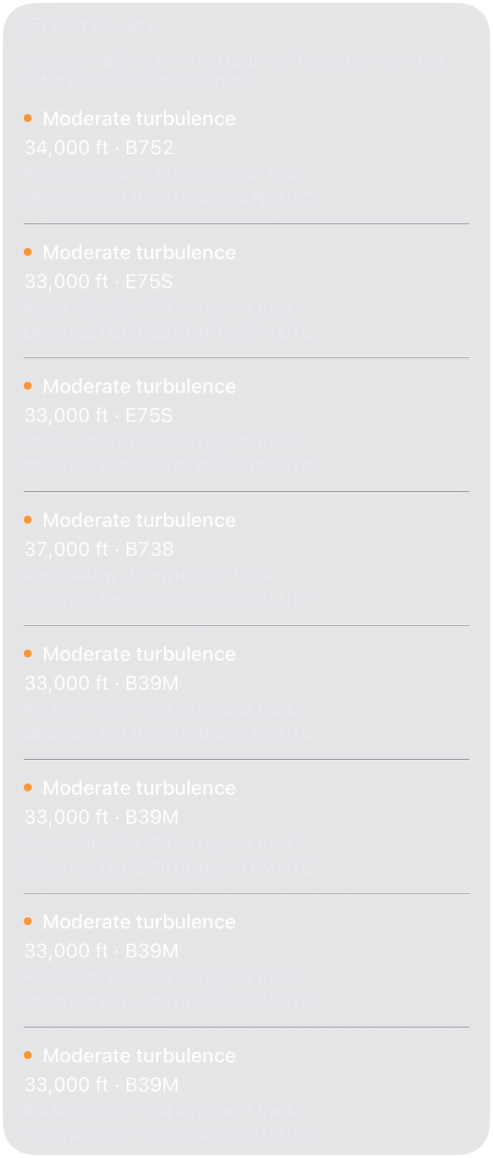 Pilot reports of moderate turbulence near the route, with altitude, aircraft type, and distance from track