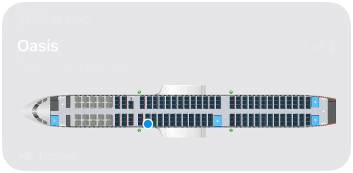 Seat Map card on a flight's page, showing the whole cabin with the seat marked and power outlets