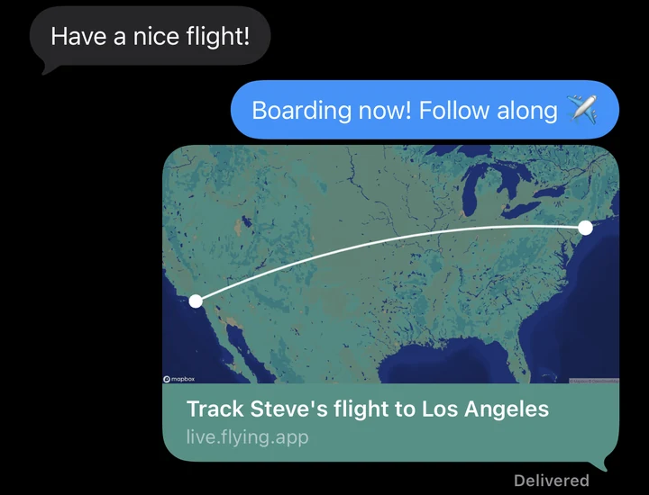 Messages conversation: 'Boarding now! Follow along' with a link preview to track Steve's flight to Los Angeles on live.flying.app