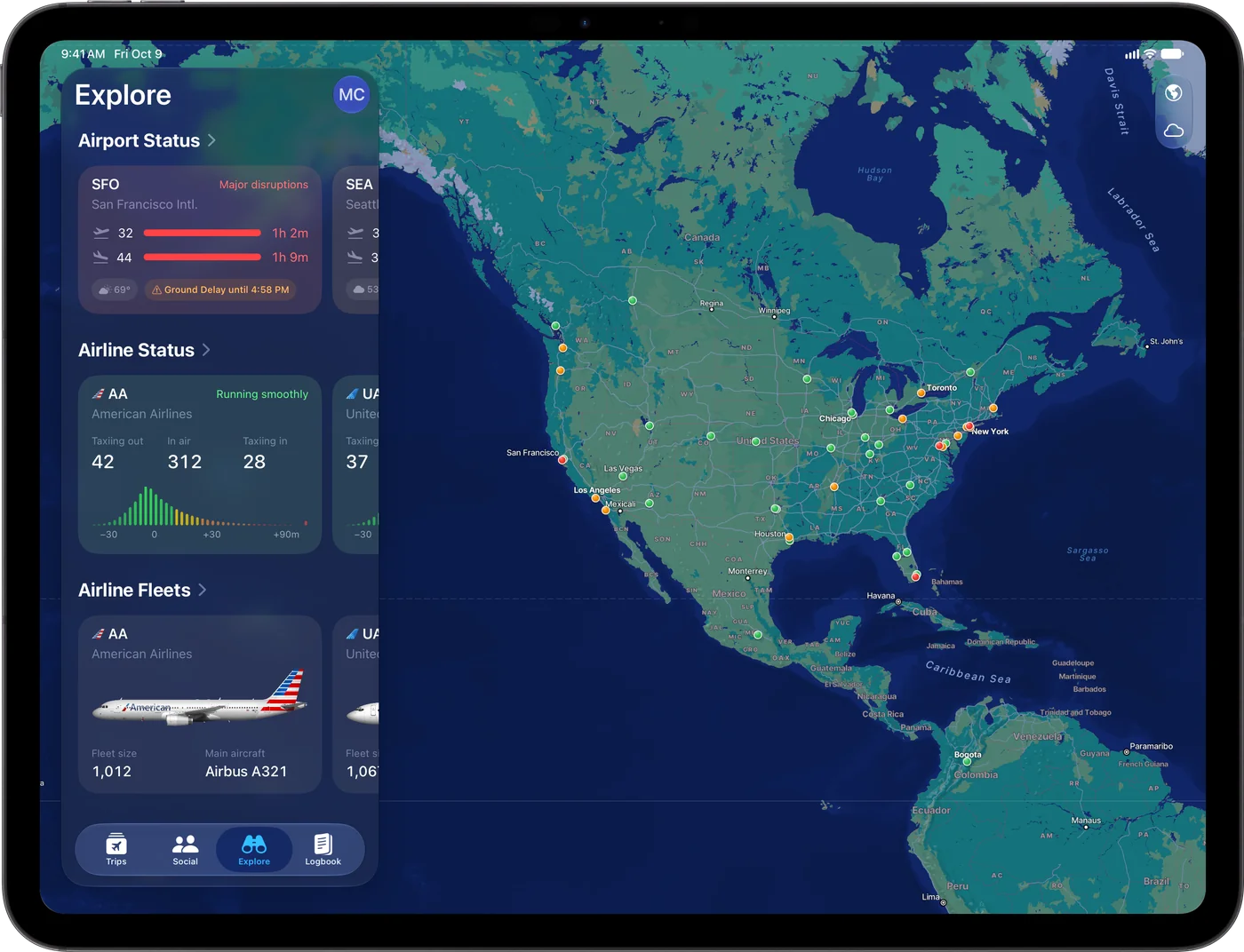 Flying on iPad showing airport status, airline status, and airline fleets next to a map of North America