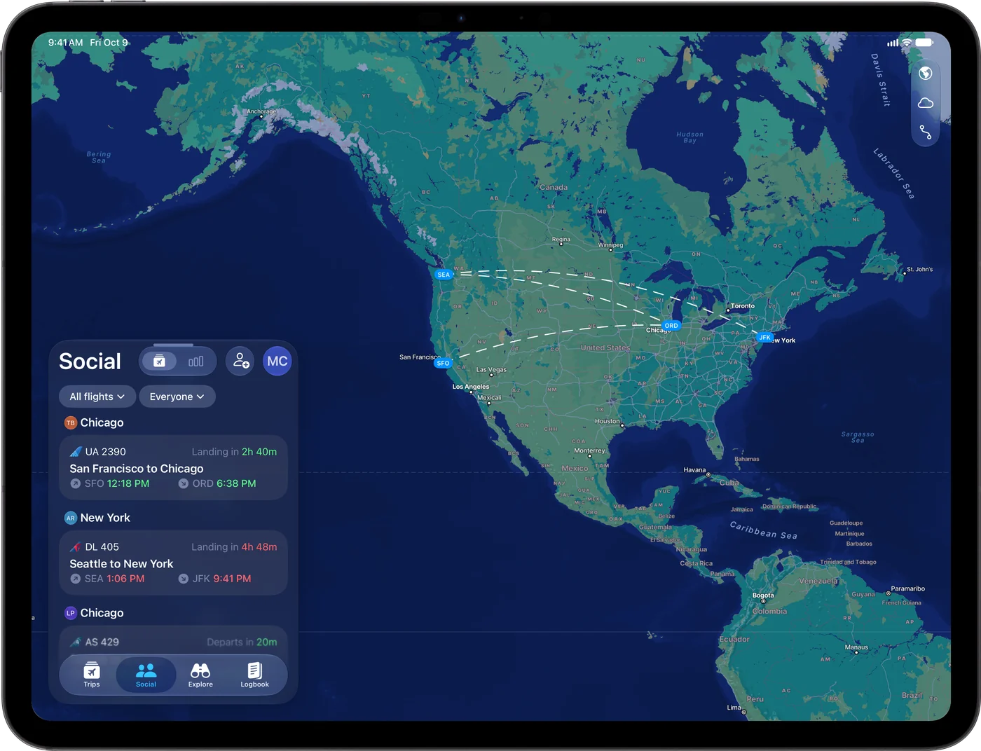 Flying on iPad showing friends' flights from San Francisco to Chicago and Seattle to New York on a map