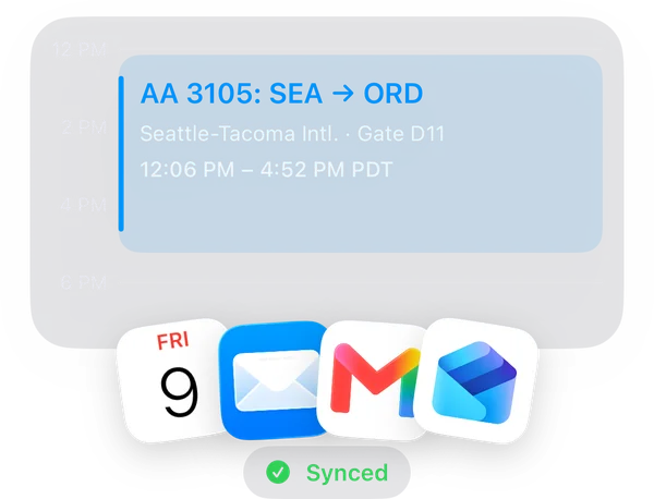 Calendar event for AA 3105 from Seattle to Chicago, synced into Flying from Calendar and Mail