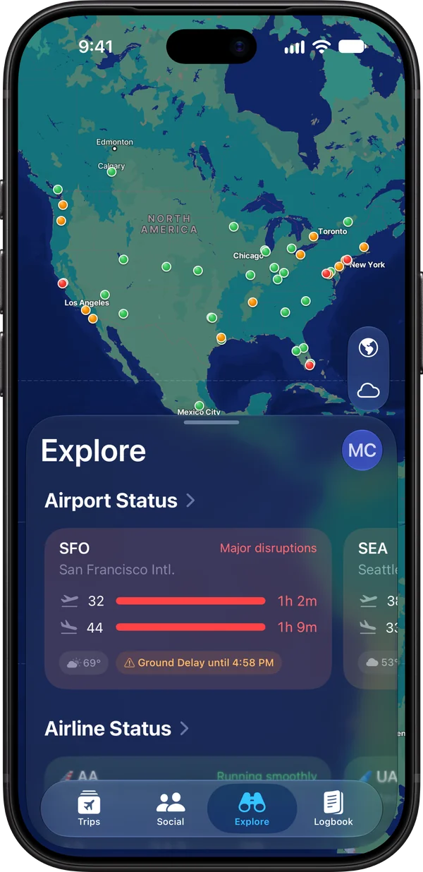 Flying Explore tab with airport status