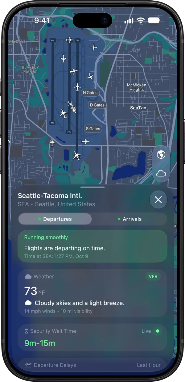 Seattle-Tacoma airport running smoothly, with live traffic on the map, weather, and a 9 to 15 minute security wait