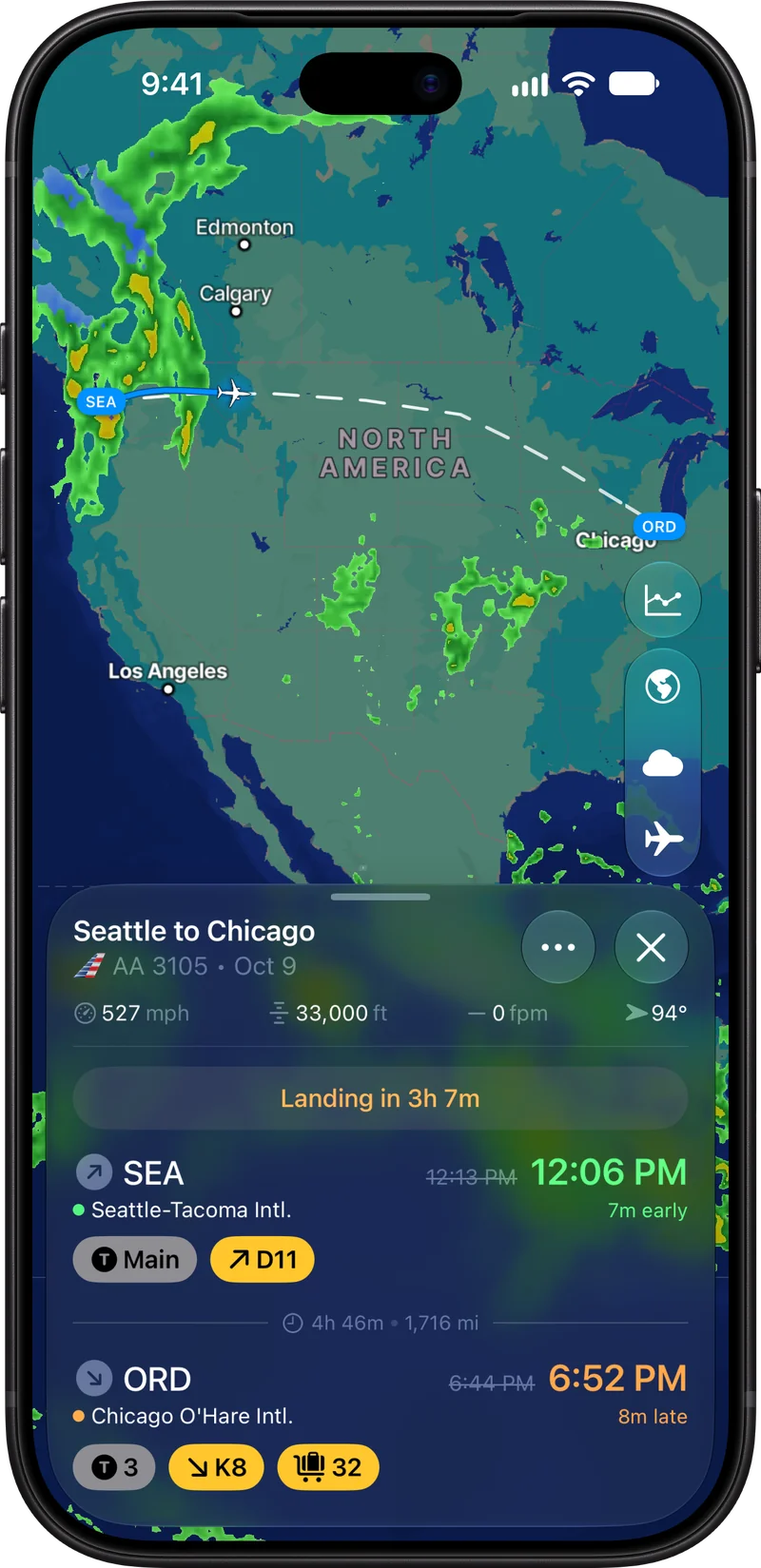 Flying tracking a flight from Seattle to Chicago with weather radar