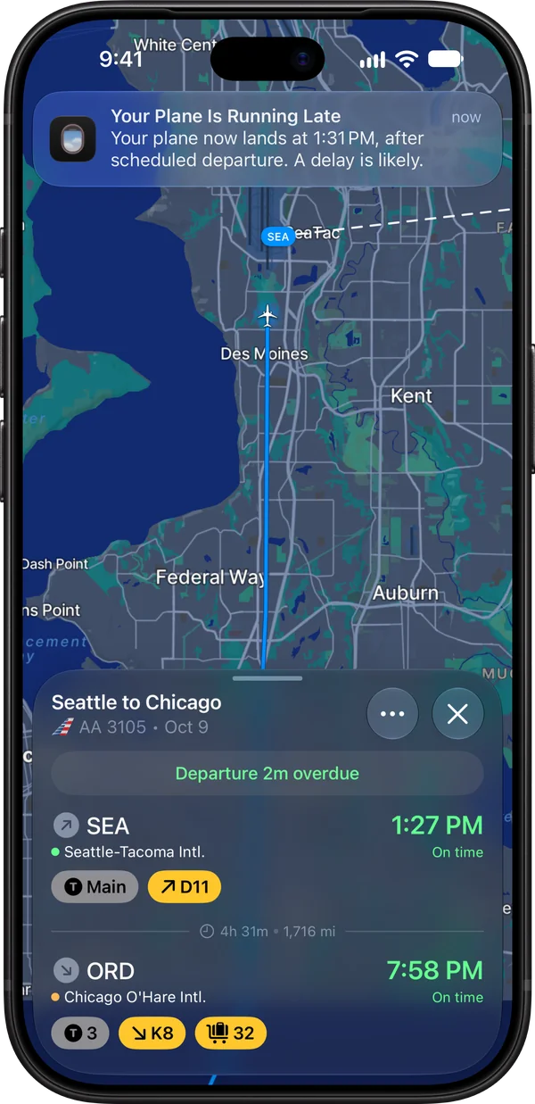Notification that your plane is running late and now lands after your scheduled departure, over a map of the inbound flight