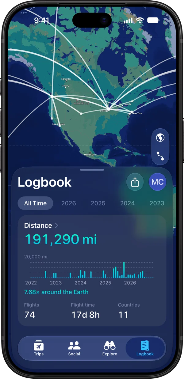 Flying logbook with routes flown on a map