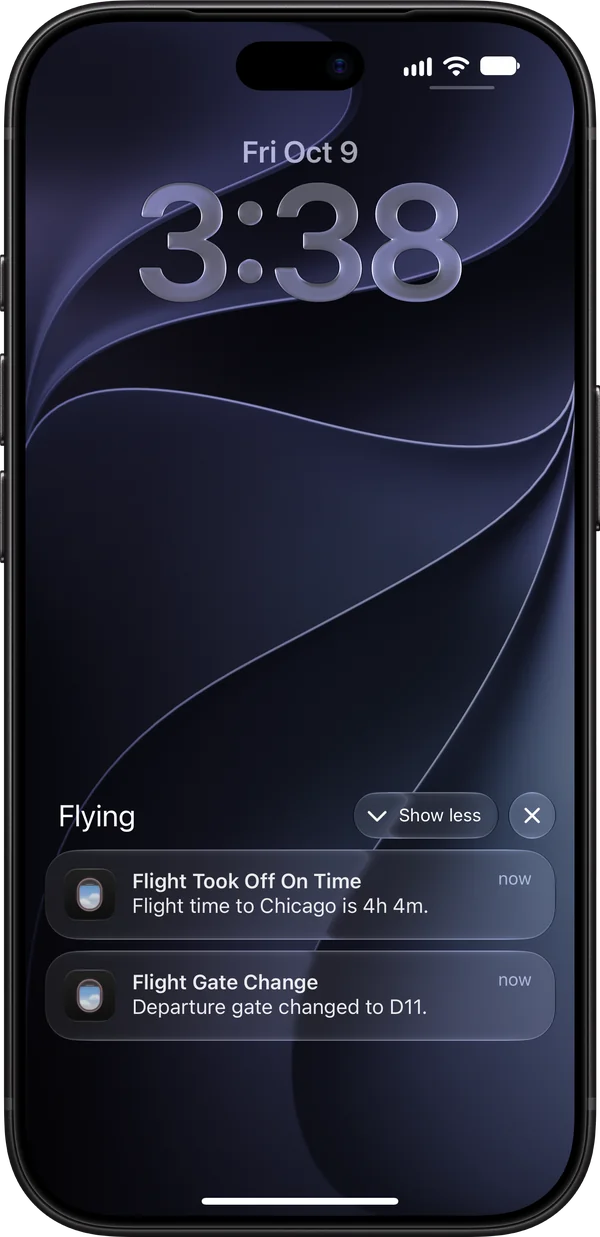 Lock Screen notifications from Flying: flight took off on time, and departure gate changed to D11