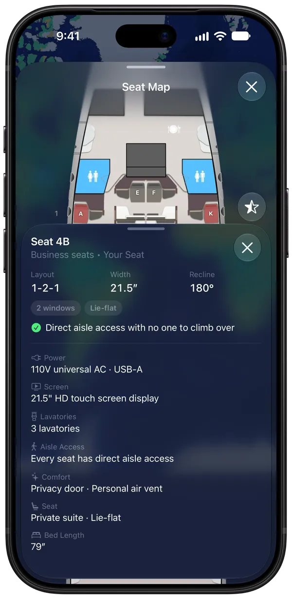 Seat 4B details: 1-2-1 layout, 21.5-inch width, 180° recline, direct aisle access, 110V and USB-A power, and a 21.5-inch HD touch screen
