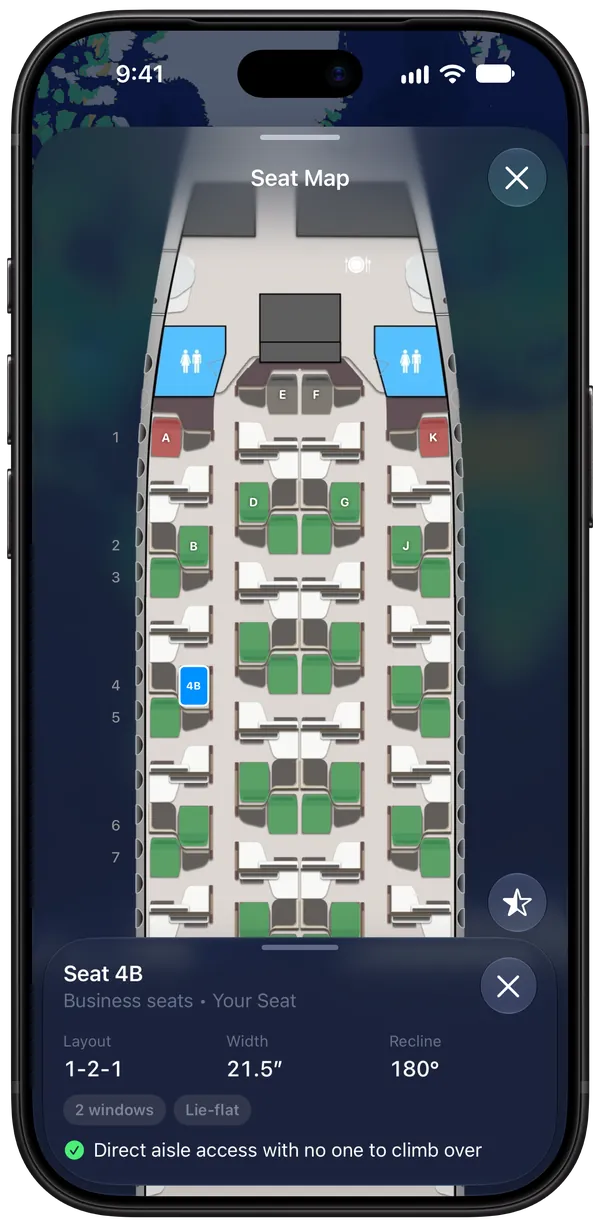 Flying on iPhone showing the business class seat map for a flight from Chicago to Doha, with seat 4B selected: 1-2-1 layout, 21.5-inch width, and 180° recline