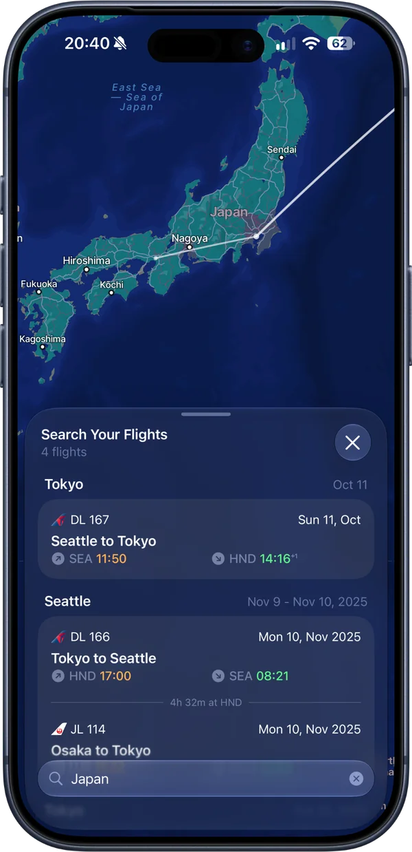 Smart search for Japan finding 4 flights, including Seattle to Tokyo and Osaka to Tokyo, with the routes on a map of Japan