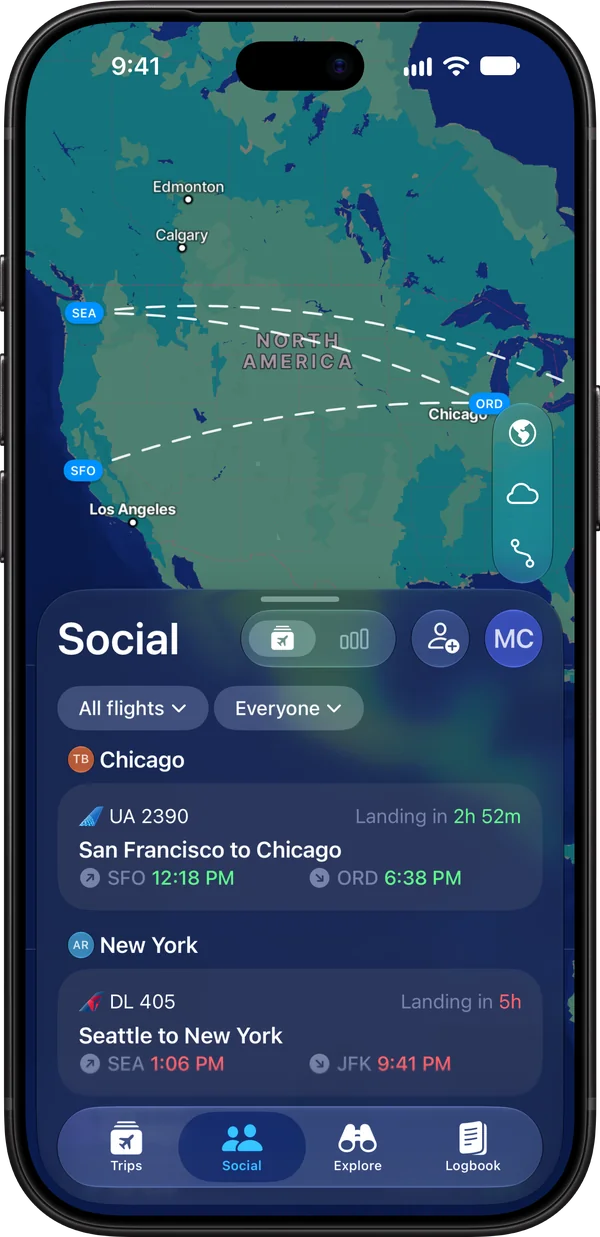 Flying social tab with friends' flights