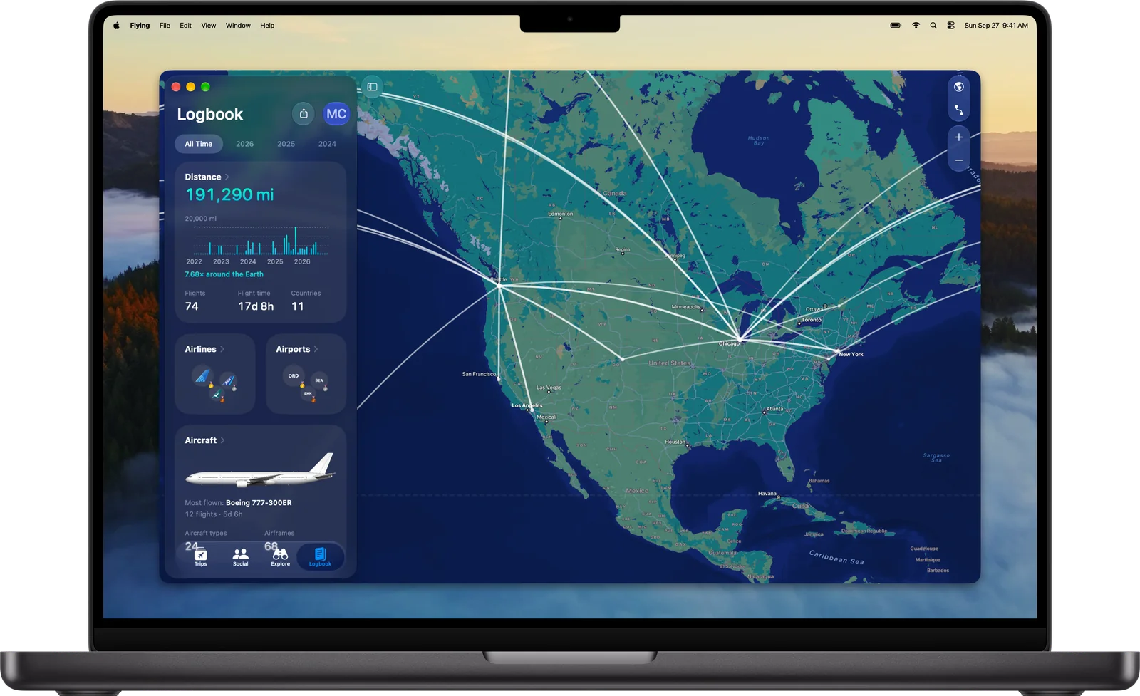 Flying on Mac showing a logbook with every route flown drawn on a world map