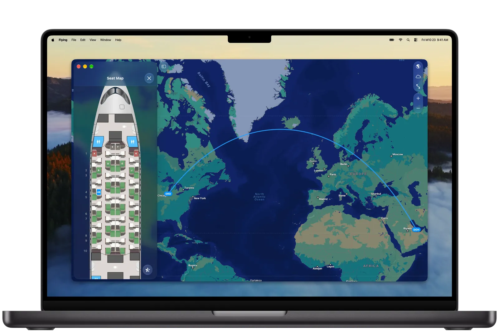 Flying on Mac showing the business class seat map for a flight from Chicago to Doha next to the route on a world map