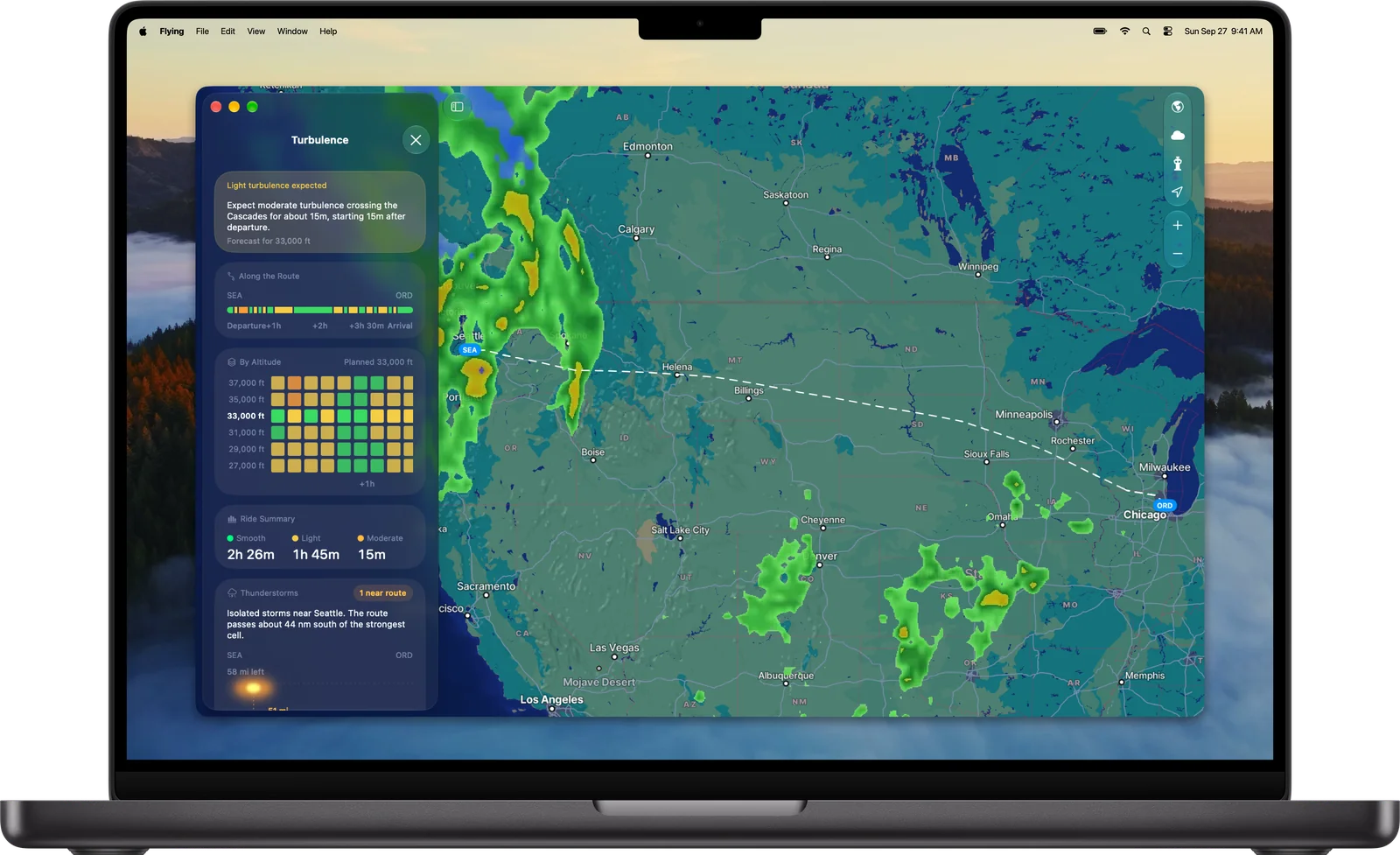 Flying on Mac showing weather radar along a route from Seattle to Chicago next to a turbulence forecast